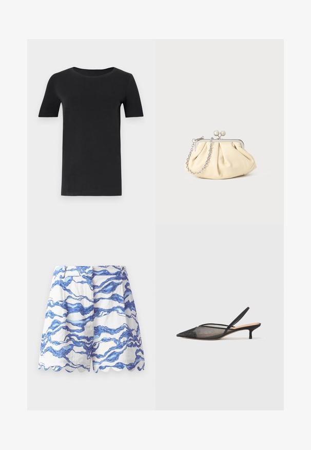 Tricou negru cu mânecă scurtă, confecționat din bumbac moale, cu un gât rotund și o croială clasică. Textură netedă, fără modele sau broderii.; Pantaloni scurți albi cu model de valuri albastre, tiv ondulat, țesătură ușoară, față pliată și o croială lejeră. Potriviți pentru purtarea casual.; NEOUS IRENA - Pantofi clasici cu toc - black; Clutch din piele plisată bej, cu un cadru din metal argintiu, având două închideri decorative rotunde și o curea din lanț argintiu.