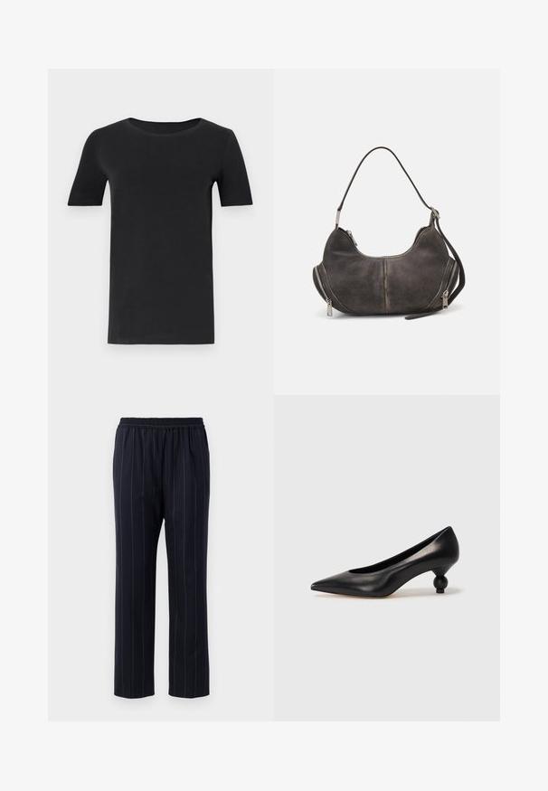 Melnas īsām piedurknēm T-krekls, kas izgatavots no mīkstas kokvilnas, ar apaļu kakla izgriezumu un klasisku piegriezumu. Gluda tekstūra, bez rakstiem vai rotājumiem.; Tumši zili bikses ar vertikālām svītrām, elastīga josta, taisnas kājas dizains, gluda tekstūra un bez redzamām kabatām.; Melnas ādas augstpapēžu kurpes ar smailu purngalu un apaļu papēdi. Gluda tekstūra ar elegantu, minimālistisku dizainu.; Tumši pelēkā zamšā izstrādāta hobo soma ar izliekta formu, augšējo rokturi un sānu rāvējslēdzējiem ar metāla pievelkamajiem. Gluda tekstūra un redzamie šuvju akcenti.