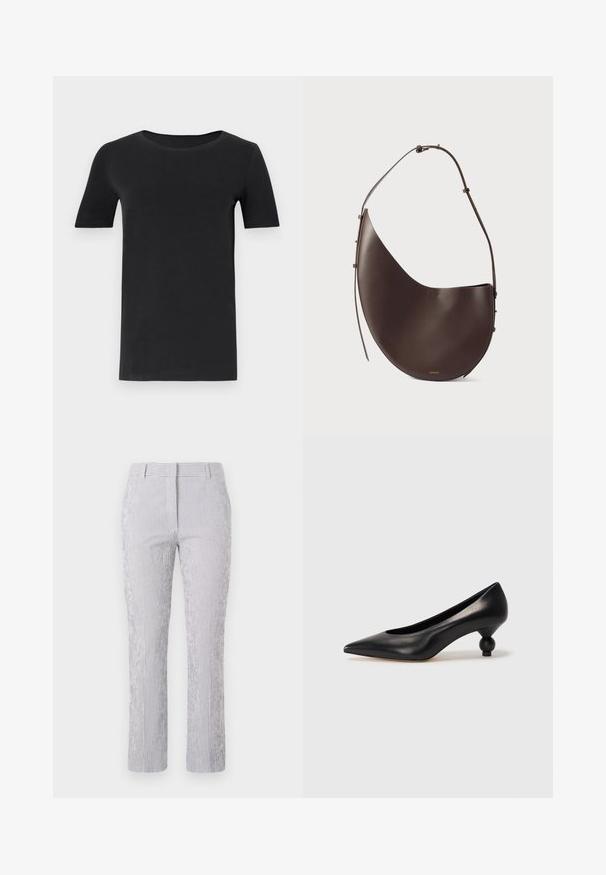 Fekete, rövid ujjú póló, puha pamutból készült, kerek nyakkivágással és klasszikus szabással. Sima textúra, minta vagy díszítés nélkül.; Világoskék és fehér csíkos nadrág, egyenes szárú kialakítással, derékpánttal és texturált anyaggal, amely diszkrét díszítőelemeket tartalmaz.; Fekete bőr magassarkú cipő, hegyes orral és kerek, gömbölyű sarokkal. Simább textúrával, elegáns, minimalista dizájnnal.; Barna bőr kézitáska ívelt formával, egyszálú pánttal és minimalista dizájnnal. Diszkrét logóval és arany színű fém részekkel rendelkezik.