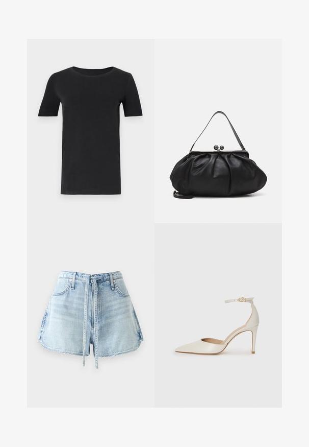 T-shirt nera a maniche corte realizzata in cotone morbido, con scollatura rotonda e vestibilità classica. Texture liscia, senza fantasie o decorazioni.; Shorts in denim azzurro chiaro con vita regolabile, cinque tasche e orli grezzi. Il tessuto ha una texture invecchiata.; Scarpa col tacco alto in pelle bianca con punta affusolata, cinturino alla caviglia e tacco a stiletto sottile. Texture liscia con una finitura leggermente lucida.; Borsa a mano in pelle nera con un design arrotondato e plissettato. Presenta una chiusura metallica con due palline decorative e una tracolla sottile e removibile.