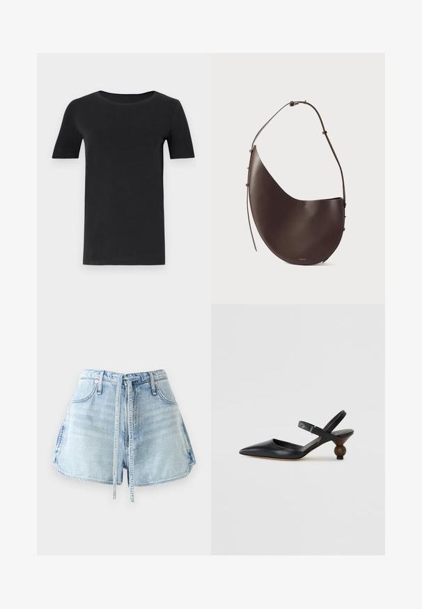 Čierne tričko s krátkym rukávom vyrobené z jemného bavlneného materiálu, s okrúhlym výstrihom a klasickým strihom. Hladká textúra, bez vzorov alebo dekoratívnych prvkov.; Svetlomodré džínsy s krátkymi nohavicami a sťahovacím pásom, päť vreciek a nerovnom okraji. Tkanina má opotrebovaný vzhľad.; Čierna kožená slingback obuv s špicatou špičkou, zakriveným dizajnom a okrúhlou drevokatou pätou. Obsahuje úzky popruh okolo členka.; Hnedá kožená kabelka s krivým tvarom, jedným popruhom a minimalistickým dizajnom. Obsahuje decentné logo a zlaté kovanie.
