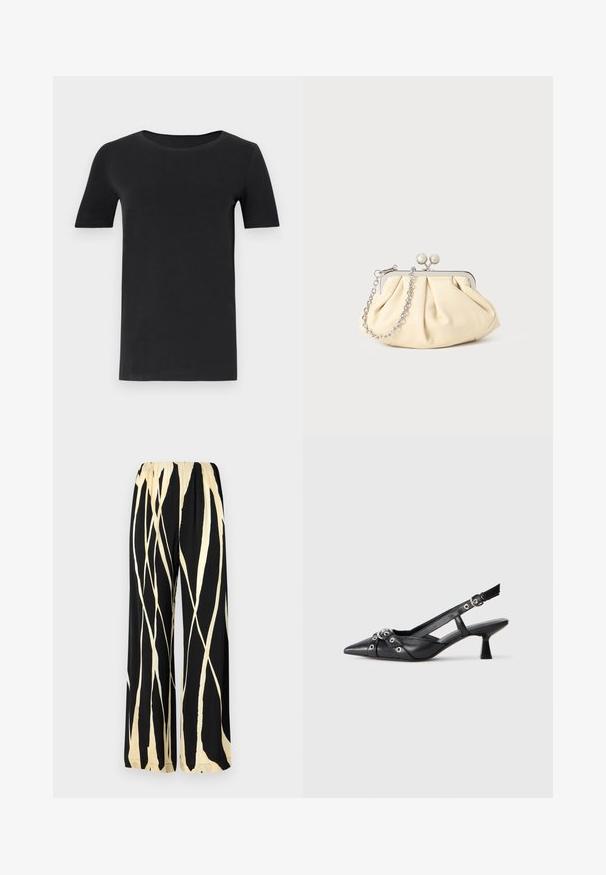 Juodas trumpas rankovėmis marškinėlis, pagamintas iš minkštos medvilnės, su apvaliu iškirpimu ir klasikiniu siluetu. Lygus paviršius, be raštų ar puošmenų.; Plati kelnės su elastinga juosmens juosta, su juodu fonu ir kreminės spalvos abstrakčių juostų raštu. Liesas audinio paviršius.; Juodas odinis slingback tipo batai su smailiu priekiniu atvartu, dekoratyvinėmis sagtimis su metaliniais akyčiais ir žemu blokiniu kulnu. Saldus paviršius.; Plyšiniai smėlio spalvos odiniai rankinukai su sidabriniu metaliniu rėmu, turintys du apvalius dekoratyvinius užtrauktukus ir sidabrinę grandinėlę.