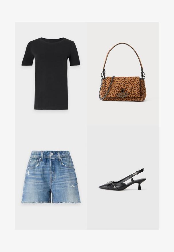 Black short-sleeve t-shirt made of soft cotton, with a round neckline and a classic fit. Smooth texture, no patterns or embellishments.; Denim shorts in light blue wash with distressed detail, five pockets, and frayed hem. Features a button closure and belt loops.; Black leather slingback shoe with a pointed toe, decorative straps featuring metal eyelets, and a low block heel. Textured surface.; Leopard print handbag made of suede with a short handle, a chain strap, and a black hardware clasp. Rectangular shape with a flap closure.