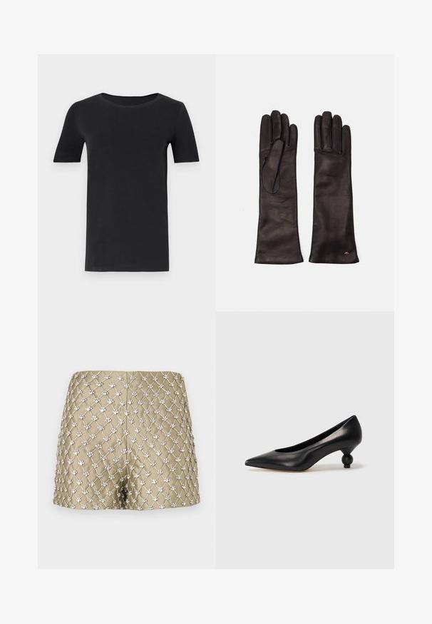 Black short-sleeve t-shirt made of soft cotton, with a round neckline and a classic fit. Smooth texture, no patterns or embellishments.; Gold shorts featuring a diamond lattice pattern with decorative silver-tone embellishments, smooth fabric, and a fitted design.; Black leather high heel shoe with a pointed toe and a round, balled heel. Smooth texture with a sleek, minimal design.; Weekend Max Mara SENAPE - Gloves - nero