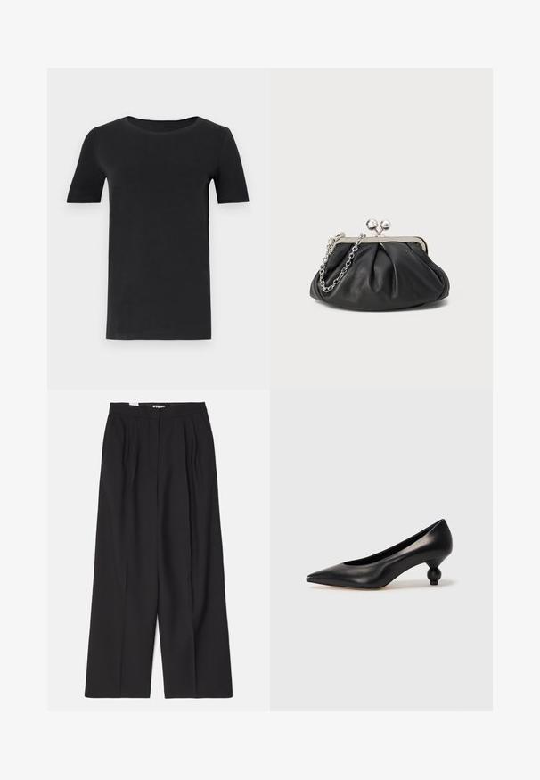 Zwarte t-shirt met korte mouwen van zacht katoen, met een ronde hals en een klassieke pasvorm. Soepele textuur, geen patronen of versieringen.; Bally Broek - black; Zwarte leren hoge hak schoen met een spitse neus en een ronde, bolle hak. Gladde textuur met een elegant, minimalistisch ontwerp.; Zwarte leren clutch met geplooide textuur, zilverkleurig metalen frame, drukknopsluiting en kettingriem. Glad, zacht oppervlak.