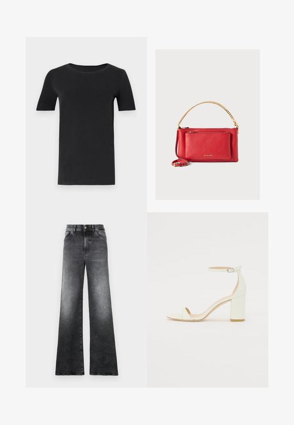 Fekete, rövid ujjú póló, puha pamutból készült, kerek nyakkivágással és klasszikus szabással. Sima textúra, minta vagy díszítés nélkül.; Széles szárú farmernadrág, gradiens szürke denim anyagban, gombos záródással, öt zsebbel és elhalványult textúrával.; Fehér bőrsarkú szandál bokaankarral és csattal, minimális dizájnnal. Nyitott orrú és sima textúrákkal az egész felületen.; Piros bőr kézi táska textúrázott felülettel, arany lánccal és pánttal, elülső cipzáras zsebbel és dombornyomott logóval. Kompakt és struktúrált dizájn.
