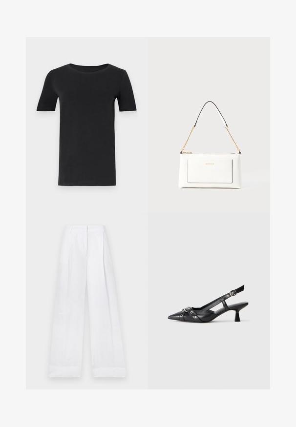 T-shirt noir à manches courtes en coton doux, avec un col rond et une coupe classique. Texture lisse, sans motifs ni embellissements.; Pantalons en lin blancs avec une coupe ample, dotés d'une taille haute, de jambes droites et sans motifs ni éléments visibles. Texture lisse.; Chaussure slingback en cuir noir avec un bout pointu, des sangles décoratives avec œillets en métal et un petit talon carré. Surface texturée.; Sac à main en cuir blanc avec un fini texturé, doté d'une bandoulière en chaîne dorée et d'accents noirs. Comprend une poche avant et une fermeture éclair.