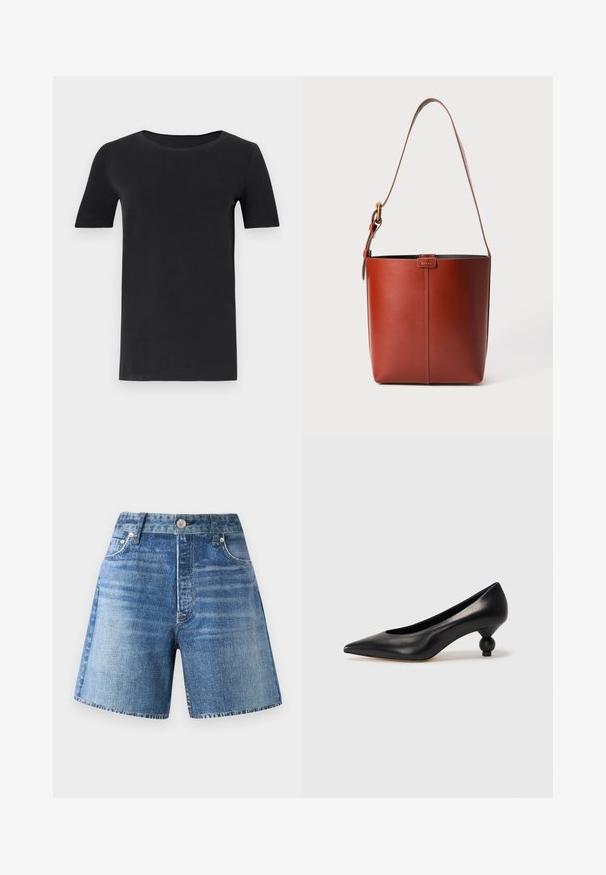 Camiseta de manga corta negra hecha de algodón suave, con un cuello redondo y un corte clásico. Textura suave, sin patrones ni adornos.; Pantalones cortos de mezclilla en un tono azul claro con cintura alta, cinco bolsillos y cierre de botón, con una textura desteñida y dobladillo sin terminar.; Zapato de tacón alto de cuero negro con puntera afilada y un tacón redondeado y abombado. Textura suave con un diseño elegante y minimalista.; Bolso de cuero marrón tipo cubo con correa para el hombro ajustable y hebilla dorada, con un simple detalle de costura vertical en la parte frontal.