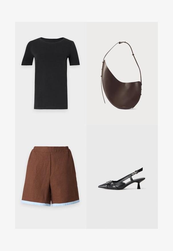 Melnas īsām piedurknēm T-krekls, kas izgatavots no mīkstas kokvilnas, ar apaļu kakla izgriezumu un klasisku piegriezumu. Gluda tekstūra, bez rakstiem vai rotājumiem.; Brūni linu šorti ar elastīgu jostasvietu, ar gaiši zilu apmali. Dizains ir piegriezts ar sānu kabatām un taisnu griezumu.; Melnas ādas šlipsveida kurpes ar norādītu purngalu, dekoratīvām joslām ar metāla acīm un zemu bloku papēdi. Teksturēta virsma.; Brūnas ādas rokas soma ar izliekumu, vienu siksnu un minimālistisku dizainu. Iezīmēta ar nemanāmu logo un zelta apdari.