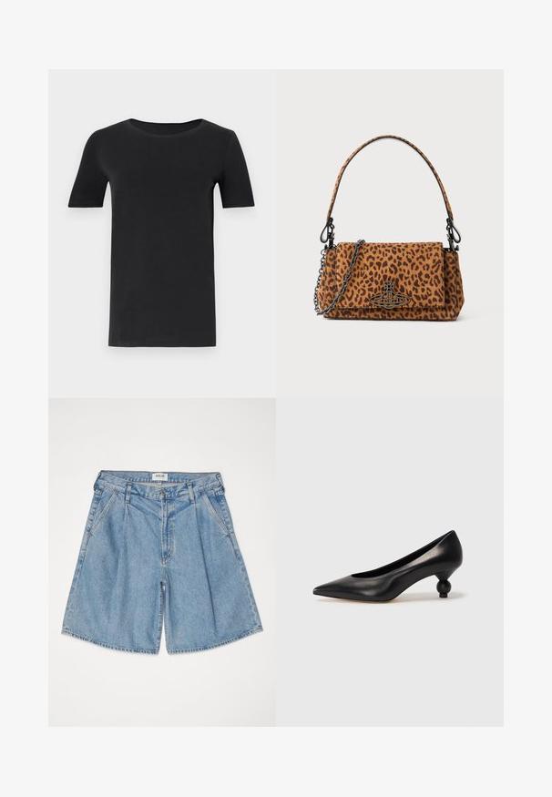 Must must valmistatud pehmest puuvillast, lühikeste varrukatega, ümmarguse kaelusega ja klassikalise lõikega. Sile tekstuur, ilma mustrite või kaunistusteta.; Heledad helesinise denimi lühikesed püksid, mugava lõikega, kõrge vöökohaga, küljetaskutega ja nööbiga kinnitusega. Kogu ulatuses on pleekinud tekstuur.; Must musta kõrge kontsaga king, millel on terav nina ja ümar, pallikujuline konts. Sile pind ja elegantne, minimalistlik disain.; Leopardimustriga nahkese käekott, mis on valmistatud suede'ist, lühikese käepideme ja ahelahaga. Ristkülikukujuline kuju flapi sulgemisega.