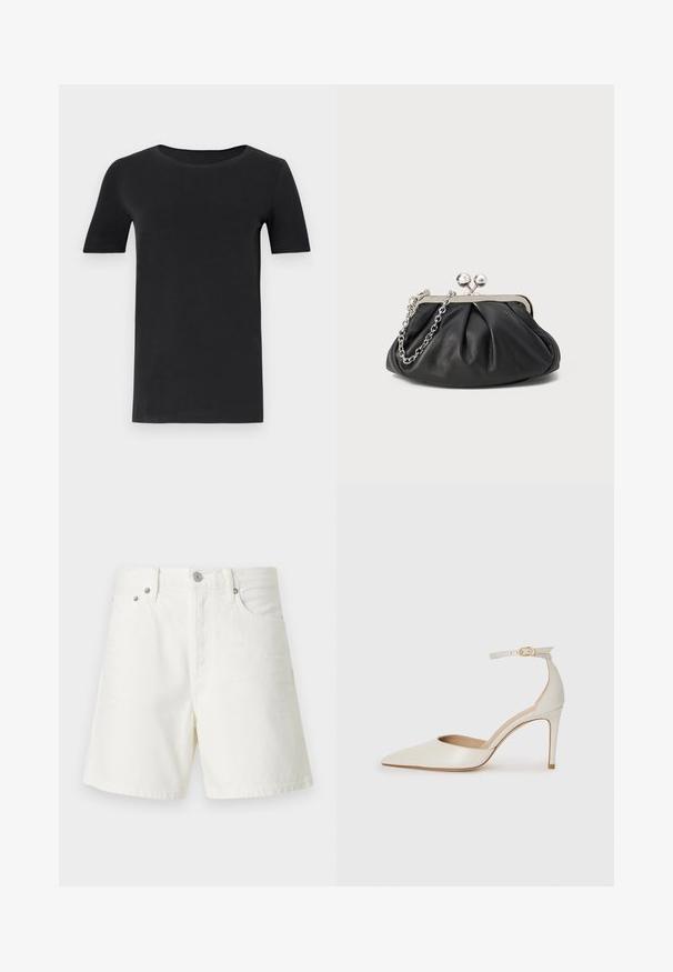 Sort kortærmet t-shirt lavet af blød bomuld, med rund hals og klassisk pasform. Glat tekstur, ingen mønstre eller pynt.; Hvide denimshorts med lige snit, fem-lomme-design, frontlukning med knap, sølvfarvet hardware og syede detaljer.; Hvide læder højhælede sko med spids tå, ankelrem og en slank stiletto-hæl. Glat tekstur med subtilt glansfuld finish.; Sort læder clutch med samlet tekstur, sølvfarvet metalramme, kys-lås lukning og kædestrop. Glat, blød overflade.