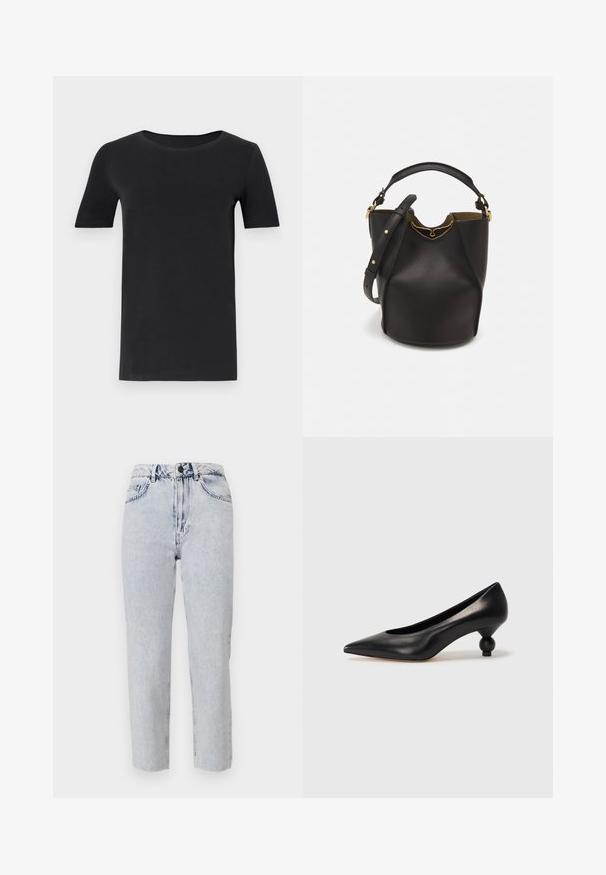 Tricou negru cu mânecă scurtă, confecționat din bumbac moale, cu un gât rotund și o croială clasică. Textură netedă, fără modele sau broderii.; Blugi din denim cu spălare deschisă, cu croi dreaptă, talie înaltă, buzunare frontale și bucle pentru curea. Țesătura are o textură moale și ușor decolorată.; Pantofii cu toc înalt din piele neagră, cu vârf ascuțit și toc rotund, mimos. Textură netedă, cu un design elegant și minimalist.; Geantă din piele neagră în stil bucket, cu un finisaj texturat, accente din metal auriu și un compartiment deschis. Dispune de o mânere scurtă și un curea de umăr ajustabilă.