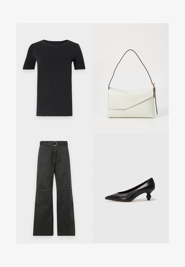 Black short-sleeve t-shirt made of soft cotton, with a round neckline and a classic fit. Smooth texture, no patterns or embellishments.; Black wide-leg pants with a mid-rise waist, featuring a belt with a silver circular buckle, and detailed with knee patches.; Black leather high heel shoe with a pointed toe and a round, balled heel. Smooth texture with a sleek, minimal design.; White leather handbag with a triangular flap closure, black strap, gold hardware accents, and a smooth textured finish.