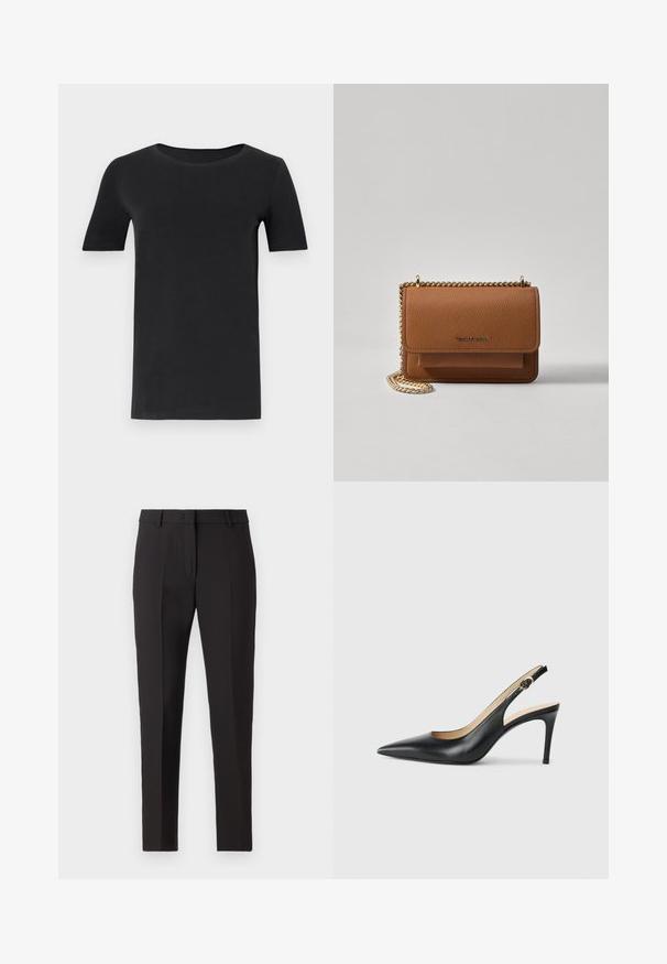 Black short-sleeve t-shirt made of soft cotton, with a round neckline and a classic fit. Smooth texture, no patterns or embellishments.; Black tailored trousers with a straight-leg design, featuring a flat front, belt loops, and no visible patterns or embellishments.; Black leather slingback high heels with a pointed toe, adjustable strap, and a sleek stiletto heel, featuring a smooth finish.; Brown textured leather crossbody bag with gold chain strap and flap closure. Front features logo detail and a pocket under the flap.