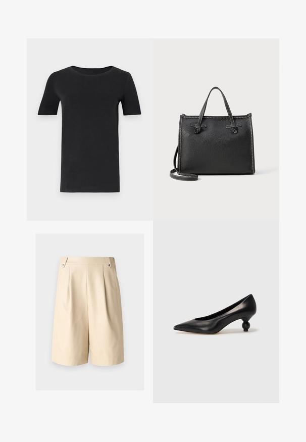 Melnas īsām piedurknēm T-krekls, kas izgatavots no mīkstas kokvilnas, ar apaļu kakla izgriezumu un klasisku piegriezumu. Gluda tekstūra, bez rakstiem vai rotājumiem.; Beige plisētie šorti ar gludu tekstūru, kuriem ir divas sānu kabatas un sudraba aksesuāri jostas vietā.; Melnas ādas augstpapēžu kurpes ar smailu purngalu un apaļu papēdi. Gluda tekstūra ar elegantu, minimālistisku dizainu.; Melna ādas rokassoma ar teksturētu virsmu, taisnstūra forma, divas augšējās rokturi un noņemams plecu siksniņa. Kontrasta šuvju detaļa.