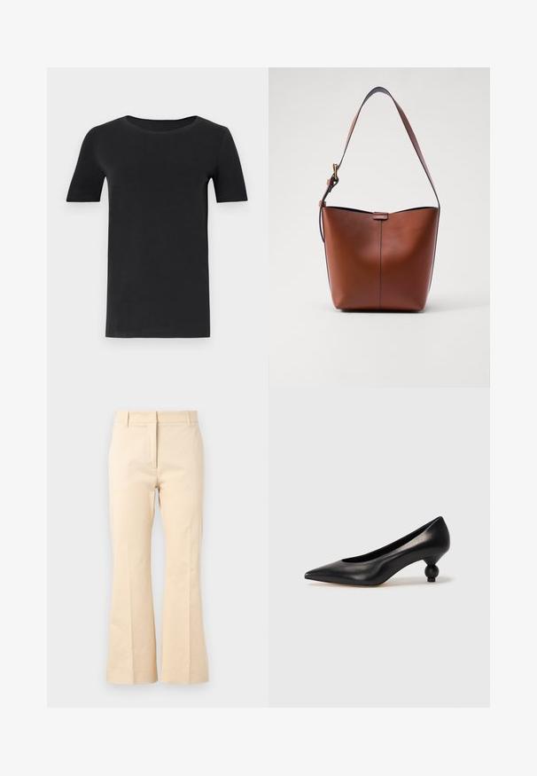Schwarzes T-Shirt mit kurzen Ärmeln aus weicher Baumwolle, mit rundem Halsausschnitt und klassischer Passform. Glatte Textur, ohne Muster oder Verzierungen.; Beige Schlaghosen aus Baumwolle. Sie verfügen über eine glatte Textur, einen geraden Bund und eine vordere Bügelfalte für einen eleganten Look.; Schwarze Leder-Pumps mit spitzem Zehenbereich und runder, ballförmiger Ferse. Glatte Textur mit einem eleganten, minimalistischen Design.; Braune Leder-Schultertasche mit geschwungener Form, glatter Textur und einem einzelnen dünnen Trageriemen. Verfügt über eine dezente Naht und ein kleines Logodetail.