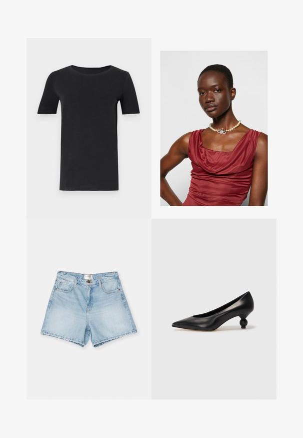 Schwarzes T-Shirt mit kurzen Ärmeln aus weicher Baumwolle, mit rundem Halsausschnitt und klassischer Passform. Glatte Textur, ohne Muster oder Verzierungen.; FRAME THE EASY - Jeans Shorts - fizz indigo; Schwarze Leder-Pumps mit spitzem Zehenbereich und runder, ballförmiger Ferse. Glatte Textur mit einem eleganten, minimalistischen Design.; Kapuzenschnitt Kleid in tiefroter Farbe mit glatter Textur. Ausgestattet mit einer Perlenkette, die in der Mitte mit einem dekorativen silbernen Akzent versehen ist.