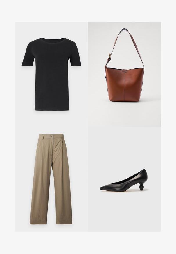 Czarny t-shirt z krótkim rękawem, wykonany z miękkiej bawełny, z okrągłym dekoltem i klasycznym krojem. Gładka faktura, bez wzorów lub ozdób.; Khaki szerokie spodnie wykonane z mieszanki bawełny, z zapięciem na guzik, bocznymi kieszeniami oraz gładką fakturą z delikatnym połyskiem.; Czarna skórzana szpilka z ostrym czubkiem i okrągłym, kulistym obcasem. Gładka tekstura z eleganckim, minimalistycznym wzornictwem.; Brązowa skórzana torba na ramię o zakrzywionym kształcie, gładkiej fakturze i pojedynczym cienkim pasku. Posiada subtelną szew i mały detal z logo.