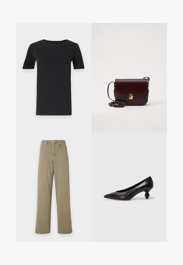 Tricou negru cu mânecă scurtă, confecționat din bumbac moale, cu un gât rotund și o croială clasică. Textură netedă, fără modele sau broderii.; Blugi cu picioare largi de culoare verde măsliniu, din denim, cu talie înaltă, cinci buzunare și detalii discrete de cusătură.; Pantofii cu toc înalt din piele neagră, cu vârf ascuțit și toc rotund, mimos. Textură netedă, cu un design elegant și minimalist.; Geantă din piele maro cu închidere cu clapetă, accesorii aurii și curea reglabilă. Dispune de o textură netedă și o formă rectangulară elegantă.