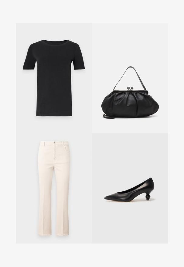Čierne tričko s krátkym rukávom vyrobené z jemného bavlneného materiálu, s okrúhlym výstrihom a klasickým strihom. Hladká textúra, bez vzorov alebo dekoratívnych prvkov.; Bežové riflové nohavice s rozšírenými nohavicami vyrobené z bavlny, s vysokým pásom, piatimi vreckami, zapínaním na gombík a jemnými detailmi šitia.; Čierna kožená vysoká topánka na podpätku s ostrým špičkou a okrúhlym, guľatým podpätkom. Hladký povrch s moderným, minimalistickým dizajnom.; Čierna kožená kabelka s zaobleným, nariadeným dizajnom. Disponuje kovovým zapínaním s dvoma dekoračnými guľôčkami a tenkým, odnímateľným popruhom.
