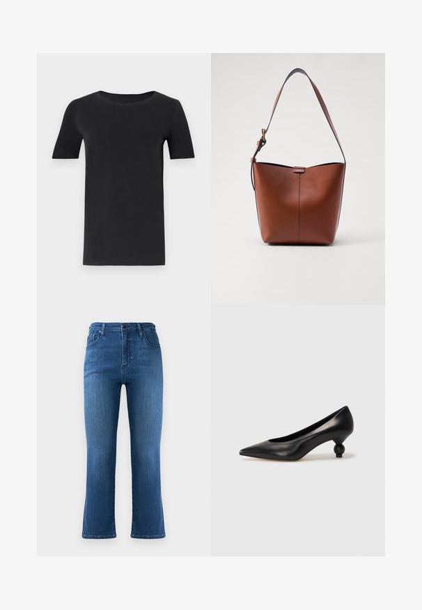 Mustat lyhyet hihattomat t-paidat, jotka on valmistettu pehmeästä puuvillasta, pyöreällä kaula-aukolla ja klassisella mitoituksella. Sileä tekstuuri, ei kuvioita tai koristeluja.; Tummansiniset farkut, joissa on leveät lahkeet ja korkea vyötärö. Viisi taskua ja näkyvät saumat. Tasainen rakenne, hieman haalistuneita kohtia.; Musta nahkakengät korkealla korolla, joissa on terävä kärki ja pyöreä, pallomainen korko. Sileä pinta ja tyylikäs, minimalistinen muotoilu.; Kahvinahkainen olkalaukku, jossa on kaareva muoto, sileä pinta ja yksi ohut hihna. Sisältää hienovaraisen sauman ja pienen logotarkin.