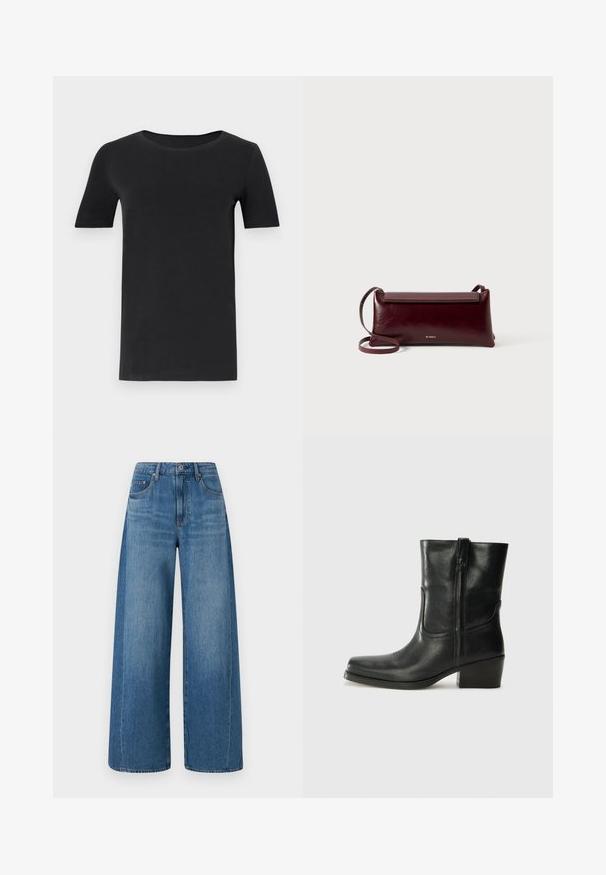 Fekete, rövid ujjú póló, puha pamutból készült, kerek nyakkivágással és klasszikus szabással. Sima textúra, minta vagy díszítés nélkül.; Széles szárú, középkék mosott farmernadrág, magas derékkal, öt zsebbel és finom kopásokkal. Simító denim anyagból készült.; Fekete bőr bokacsizma lekerekített orral, blokk sarkúval, oldalsó cipzárral és varrásos díszítéssel az elején. Simább textúra, klasszikus dizájn.; Burgundi bőr keresztbody táska sima textúrával, téglalap alakú, fedeles záródással és vékony, állítható pánttal. Arany logó részlet látható.