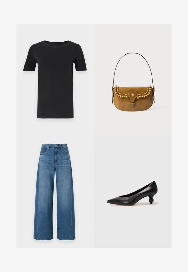 Black short-sleeve t-shirt made of soft cotton, with a round neckline and a classic fit. Smooth texture, no patterns or embellishments.; Wide-leg blue jeans with a medium wash, featuring a high waist, five pockets, and subtle whiskering. Made of denim with a smooth texture.; Black leather high heel shoe with a pointed toe and a round, balled heel. Smooth texture with a sleek, minimal design.; Brown leather handbag with a curved shape, featuring gold stud accents along the top, a short strap, and a buckle closure.