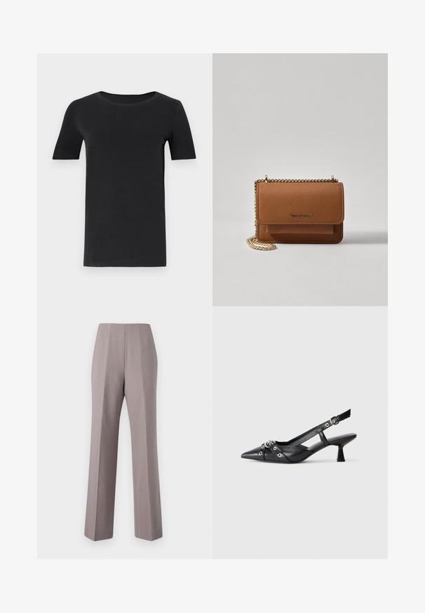 Tricou negru cu mânecă scurtă, confecționat din bumbac moale, cu un gât rotund și o croială clasică. Textură netedă, fără modele sau broderii.; Pantaloni gri, ajustați, cu talie înaltă, picioare wide și pliuri ascuțite în față. Construiți dintr-un material neted, având margini curate și fără printe vizibile.; Pantofii slingback din piele neagră, cu vârful ascuțit, curele decorative cu ochiuri din metal și toc bloc mic. Suprafață texturată.; Geantă crossbody din piele texturată maro, cu curea din lanț aurit și închidere cu clapetă. Partea din față prezintă detalii cu logo și o buzunar sub clapetă.