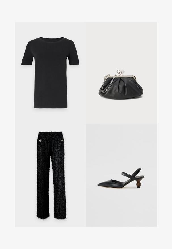 Zwarte t-shirt met korte mouwen van zacht katoen, met een ronde hals en een klassieke pasvorm. Soepele textuur, geen patronen of versieringen.; Zwarte fuzzy broek met een gestructureerd ontwerp, met een hoge tailleband en twee voorzakken versierd met ronde bloemachtige versieringen.; Zwarte leren slingbackshoe met een spitse neus, gebogen ontwerp en een ronde, houtachtige hak. Voorzien van een smalle enkelband.; Zwarte leren clutch met geplooide textuur, zilverkleurig metalen frame, drukknopsluiting en kettingriem. Glad, zacht oppervlak.