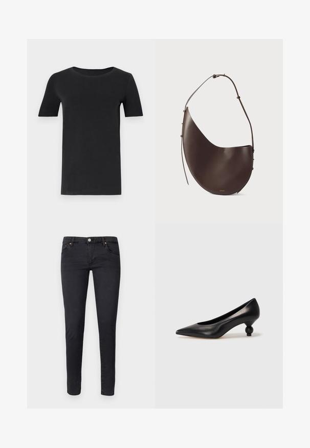 Must must valmistatud pehmest puuvillast, lühikeste varrukatega, ümmarguse kaelusega ja klassikalise lõikega. Sile tekstuur, ilma mustrite või kaunistusteta.; AG Jeans Kitsa lõikega teksad - anthracite black; Must musta kõrge kontsaga king, millel on terav nina ja ümar, pallikujuline konts. Sile pind ja elegantne, minimalistlik disain.; Pruun nahast käekott kumerate joontega, ühe rihmaga ja minimalistliku disainiga. Omab diskreetset logo ja kuldseid detaile.