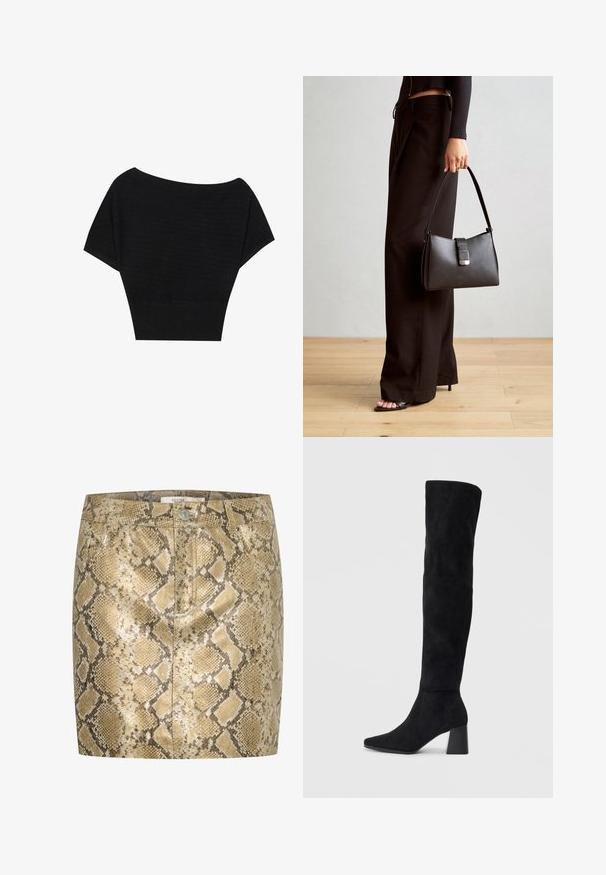 Anna Field T-shirt print - black; Slangenprint mini-rok met een metallic glans in gouden en beige tinten. Voorzien van een knoopsluiting en voorzakken. Gelaagd oppervlak.; Zwarte suède kniehoge laars met blokhak, spitse neus en een glad, naadloos ontwerp op een effen lichte achtergrond.; Zwarte handtas met gestructureerde vorm, gladde textuur en een metalen sluiting. Gecombineerd met brede zwarte broeken en sandalen met open teen op een houten vloer.