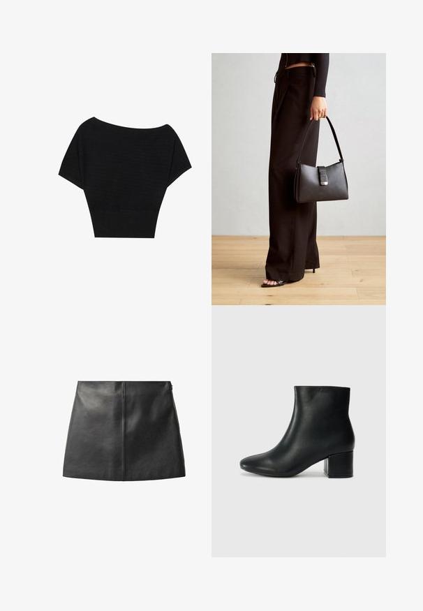 Anna Field T-shirts print - black; Sort læderskørt med en glat tekstur, tætsiddende design og minimalistisk silhuet. Har en central sømdetalje og en diskret sidelukning.; Sorte læder ankelstøvler med spids tå og en kraftig hæl. Glat tekstur med minimale detaljer og et slankt, tætsiddende design.; Sort håndtaske med struktureret form, glat overflade og metalspænde. Sammen med brede sorte bukser og sandaler med åben tå på trægulv.