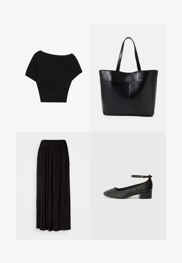 Anna Field T-shirts print - black; Sort plisseret maxiskørt med elastisk talje, der har lodrette folder og en glat overflade, designet til en svajende silhuet.; Sorte læderpumper med spids tå og en lav blokhæl. Har en ankelrem med en guldfarvet spænde. Glat tekstur.; Sort læder tote taske med to lange håndtag, en glat tekstur og en struktureret form. Har en forlommem for ekstra opbevaring.