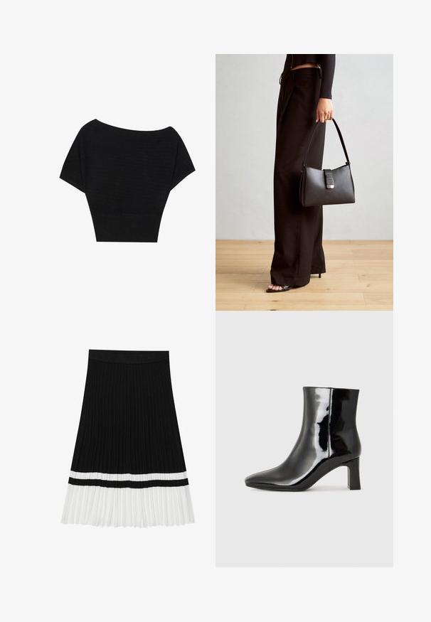 Anna Field Marškinėliai su spaudiniu - black; Juodas plisuotas sijonas su tekstūruotu dizainu, turintis baltą apdailą ir horizontalų juodą dryžį netoli perėjimo prie baltos dalies.; Juodos lakuotos odinės aulinukės su smailiu pirštu ir vidutinio aukščio blokuotu kulnu. Lygus paviršius ir minimalistinis dizainas.; Juodas rankinė struktūrizuota forma, lygi tekstūra ir metalinis užsegimas. Suporuota su plačiomis juodomis kelnėmis ir atvirais bateliais ant medinių grindų.