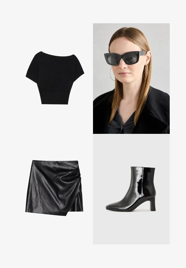 Anna Field Camiseta estampada - black; Minifalda de cuero negro con un diseño envolvente, que presenta una textura suave y lisa y detalles de drapeado sutil en un lado.; Botín de charol negro con punta afilada y un tacón de bloque de altura media. Textura suave y diseño minimalista.; Gafas de sol de gato negro con lentes oscuros, montura gruesa y acentos sutiles. Llevadas con un abrigo negro y una blusa gris, presentando cabello largo y liso.