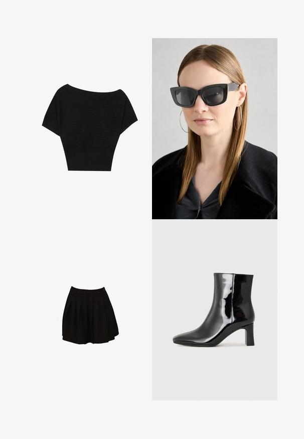 Anna Field Marškinėliai su spaudiniu - black; Juodas klostuotas sijonas su prigludusia juosmeniu ir vienu mygtuko akcentu. Medžiaga atrodo lygi ir lengva, sukurta flariniam siluetui.; Juodos lakuotos odinės aulinukės su smailiu pirštu ir vidutinio aukščio blokuotu kulnu. Lygus paviršius ir minimalistinis dizainas.; Juodos katės akies saulės akiniai su tamsiais objektyvais, storo rėmo ir subtiliais akcentais. Dėvimi su juodu paltu ir pilku viršumi, turinčiu ilgus tiesius plaukus.