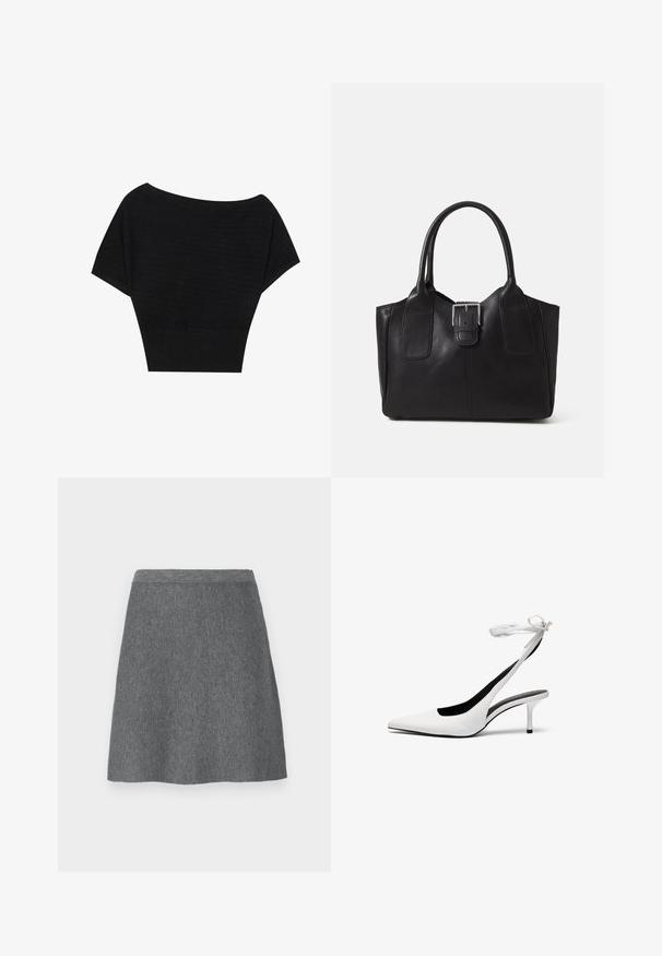 Anna Field T-shirt con stampa - black; Gonna in lana grigia con vita aderente, silhouette a trapezio e texture liscia. Senza tasche o dettagli hardware visibili.; Tacchi slingback bianchi a punta con cinturino sottile alla caviglia. Materiale in pelle liscia, tacco stiletto sottile e rivestimento interno nero.; Borsa tote in pelle nera con texture liscia, forma strutturata, due manici e un evidente dettaglio in fibbia argentata sul davanti.
