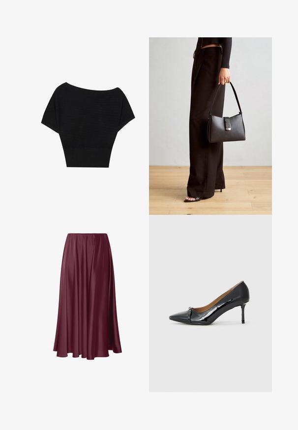 Anna Field T-shirts med print - black; Bordeaux lang kjole laget av glatt, blankt materiale med en flytende design og elastisk midje. Ingen mønstre eller detaljer til stede.; Sorte patent lær høyhælte sko med spiss tå, dekorativ stroppdetalj foran og tynn stiletthel.; Svart håndveske med strukturert form, jevn tekstur og metallisk lås. Kombinert med brede svarte bukser og sandaler med åpen tå på tregulv.