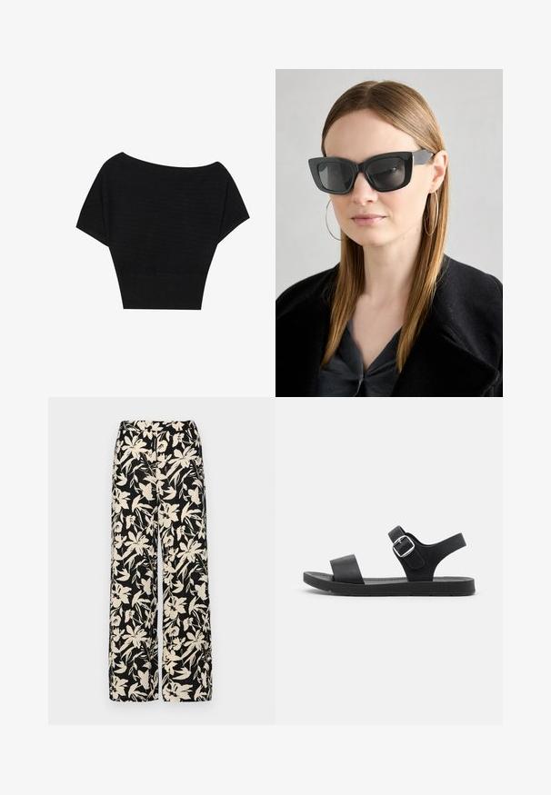 Anna Field Marškinėliai su spaudiniu - black; Juodos plačios kojos kelnės su grietinėlės spalvos gėlių raštu. Pagamintos iš lengvos medžiagos, pasižyminčios lygiapass viršutine tekstūra ir aukštu liemeniu.; Juodi sandalai su plokščiu padu, reguliuojamu sagtimi, dviem platesnėmis juostomis ir sklandžiu tekstūru, sukurti komfortui ir patogumui nešioti.; Juodos katės akies saulės akiniai su tamsiais objektyvais, storo rėmo ir subtiliais akcentais. Dėvimi su juodu paltu ir pilku viršumi, turinčiu ilgus tiesius plaukus.