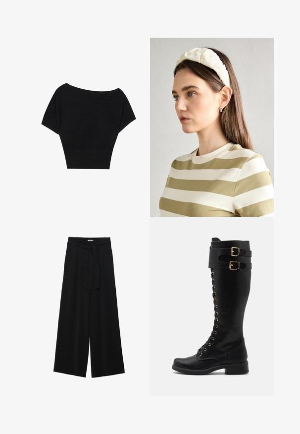 Anna Field Apdrukāts T-krekls - black; Melni platleņķa bikses ar teksturētu audumu, elastīgu jostu un noņemamu siksnu viduklī, kas nodrošina regulējamu piegulšanu.; Ceļgalu augstumā melni ādas zābaki ar zelta aksesuāriem, priekšpusē ar šņorēm, diviem sprādžu siksnām un bloku papēdi.; Krēma krāsas pildīta galvassega ar uztinuma dizainu, apvienota ar bēša un baltā svītrainā krekla ar apaļu izgriezumu. Smalkas rotaslietas akcenti.