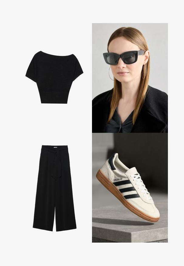 Anna Field Nyomott mintás póló - black; Fekete, bő szárú nadrág, texturált anyagból, rugalmas derékpánttal és levehető sállal a derekán, amely állítható illeszkedést biztosít.; Fehér velúr sneaker tengerészkék csíkokkal, gumitalppal, textúrált felső résszel, kerek orral és fűzős kialakítással; a cipő oldalán és a nyelvén logó található.; Fekete macskaszem napszemüveg sötét lencsékkel, vastag kerettel és diszkrét díszítésekkel. Fekete kabátot és szürke felsőt visel, hosszú egyenes hajjal.