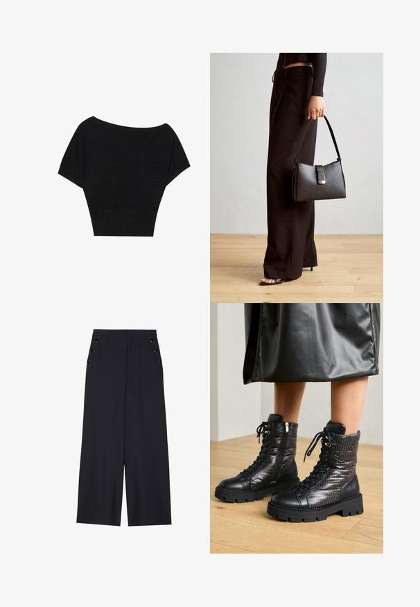 Anna Field Trükipildiga T-särk - black; Laiad püksid tumesinises kangas, millel on sile tekstuur, ees pleedid ja dekoratiivsed kuldset värvi järgipuuaugud küljetaskutel.; Mustad mustad nahast pahkluu saapad, millel on tekstuuriga tikandiga pealis, nööridega disain ja tihke kummitald mustritega aktsentidega.; Must musta kott, millel on struktureeritud kuju, sile tekstuur ja metallist klamber. Kombineeritud laiate mustade pükstega ja avatud varvaste sandaalidega puidust põrandal.