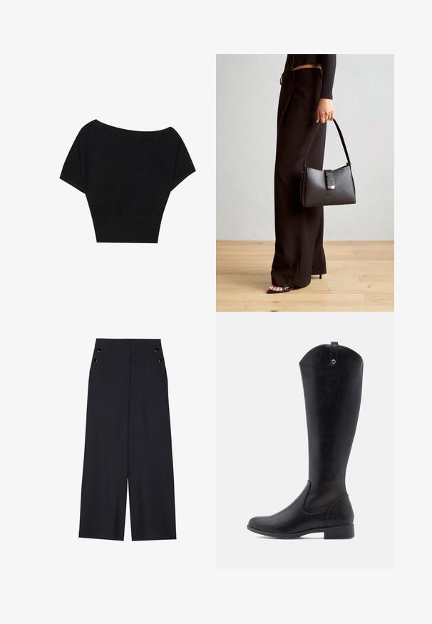 Anna Field Majica kratkih rukava s printom - black; Hlače širokih nogavica od tamnoplave tkanine, s glatkom teksturom, prednjim ispupčenjima i dekorativnim zlatnim okovama na bočnim džepovima.; Crne kožne čizme do koljena s glatkom teksturom, zaobljenim vrhom, niskim blok-peta i zaobljenim gornjim rubom s petljom straga.; Crna torba s oblikom koji sadrži strukturu, glađu teksturu i metalnu kopču. Uparena s širokim crnim hlačama i sandalama na otvorenom s drvenog poda.