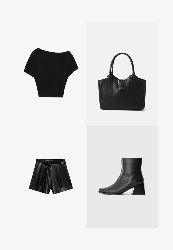 Anna Field T-shirt print - black; Zwarte leren shorts met een hoge taille, plooien aan de voorkant en zijzakken. Gladde textuur met een glanzende afwerking.; Zwarte leren enkellaars met vierkante neus, zijrits en blokhak tegen een effen lichte achtergrond.; Zwarte leren tote bag met een gladde textuur, gestructureerde vorm, twee handvatten en een opvallend zilveren sluitingdetail aan de voorkant.