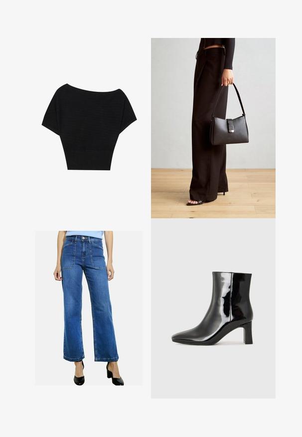 Anna Field Marškinėliai su spaudiniu - black; Mėlynos aukštos juosmens plačios kojų džinsai, pagaminti iš džinsinio audinio, su priekinių kišenių, kontrastinėmis siūlėmis ir nebaigtu hemu. Dėvimi su juodomis aukštakulnėmis bateliais.; Juodos lakuotos odinės aulinukės su smailiu pirštu ir vidutinio aukščio blokuotu kulnu. Lygus paviršius ir minimalistinis dizainas.; Juodas rankinė struktūrizuota forma, lygi tekstūra ir metalinis užsegimas. Suporuota su plačiomis juodomis kelnėmis ir atvirais bateliais ant medinių grindų.