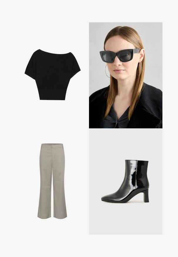 Anna Field T-Shirt print - black; Beige Cropped-Hosen mit geradem Schnitt, aus glattem Stoff gefertigt. Mit einer Fronttasche und einem sauberen Bundabschluss.; Schwarzer Lackleder-Stiefelette mit spitzer Zehe und einem mittelhohen Blockabsatz. Glatte Textur und minimalistisches Design.; Schwarze Katzenaugen-Sonnenbrille mit dunklen Gläsern, dicken Rahmen und subtilen Akzenten. Getragen mit einem schwarzen Mantel und einem grauen Oberteil, dazu lange, glatte Haare.