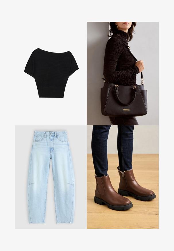 Anna Field T-shirt estampada - black; Calças de ganga de um azul claro com um corte descontraído, com cintura alta, design de cinco bolsos e um desbotado subtil com detalhes de bainha desfiada.; Botas de tornozelo em couro castanho com fecho de zíper, superfície texturada, sola grossa em borracha preta e forro macio em pelagem na parte do tornozelo.; Bolsa preta com superfície texturizada, alças superiores duplas e alça de ombro ajustável. Apresenta ferragens em tom dourado e bolsos laterais.