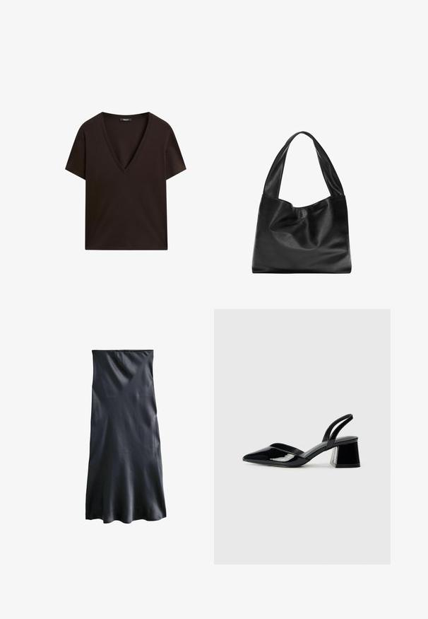 Sort V-hals t-shirt med korte ærmer, lavet af blødt, glat stof. Har en afslappet pasform og et simpelt design uden mønstre eller accenter.; Sort satin midi-kjole med lige snit, glat tekstur og en subtil glans. Uden synligt hardware eller mønstre.; Sorte patentlæder slingback hæle med spids tå og en geometrisk blok hæl. Har et elegant, minimalistisk design og en glat tekstur.; Sort læder tote bag med et blødt, slattent design, brede håndtag og en glat tekstur. Ingen synlig hardware eller udsmykninger.
