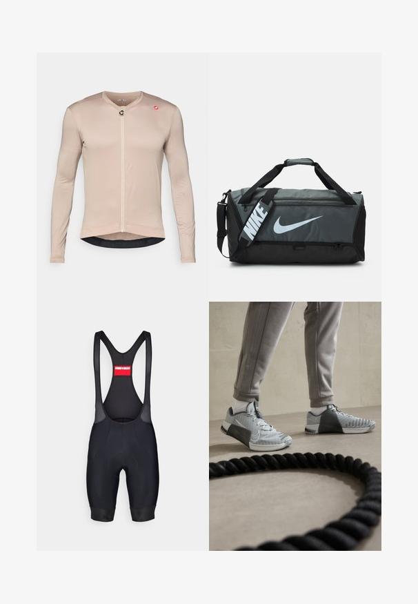 Langermet sykkeltrøye i lys beige, laget av teksturert og pustende stoff. Har glidelås foran, logoakcent og kontrasterende nederkant.; Svarte sykkelkort med nettstropper, polstret seteområde, tettsittende passform og elastiske mansjetter. Rød etikett bak med merkenavn.; Grå og hvite Nike-sko med teksturert mesh-overdel, gummisåle og lateralt støtte. Plassert nær et svart treningstau.; Nike treningsbag med et mørkgrått og svart design, utstyrt med en stor hvit logo, to håndtak og en justerbar skulderstropp.