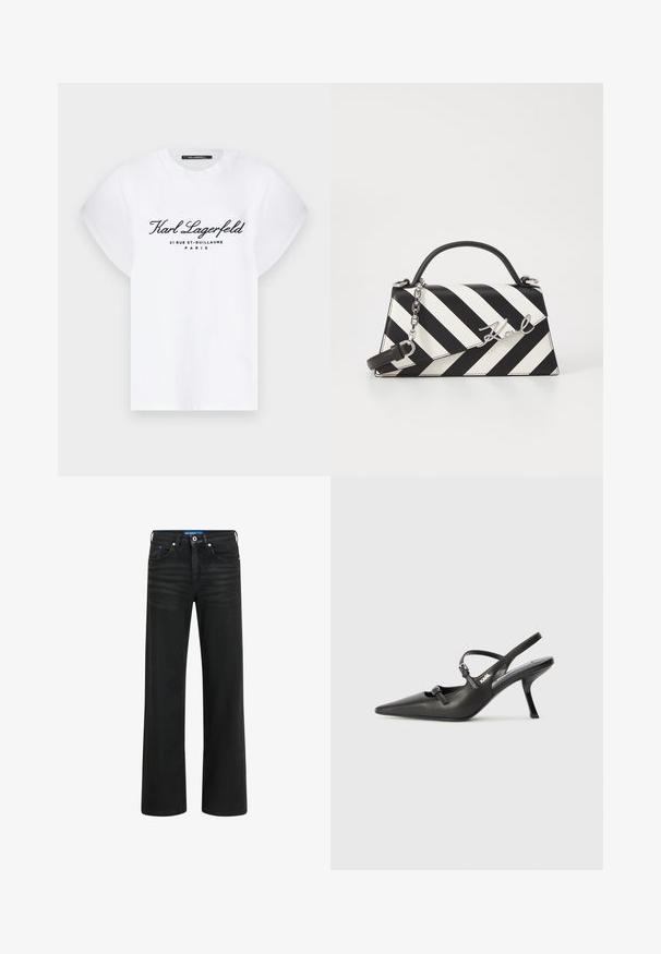 Camiseta de algodón blanca con mangas cortas y enrolladas. Presenta texto en negro: "Karl Lagerfeld 21 RUE ST-GUILLAUME PARÍS" en el frontal.; Jeans anchos negros hechos de denim, con cierre de botón y cremallera, cinco bolsillos y un ligero desvanecimiento en la tela.; Tacones slingback de cuero negro con punta afilada, tacón delgado y detalle decorativo de hebilla en la parte superior. Textura suave y diseño elegante.; Bolso de mano a rayas en blanco y negro con una forma estructurada, que cuenta con un asa superior, una correa de cadena desmontable y un acento de logo metálico.